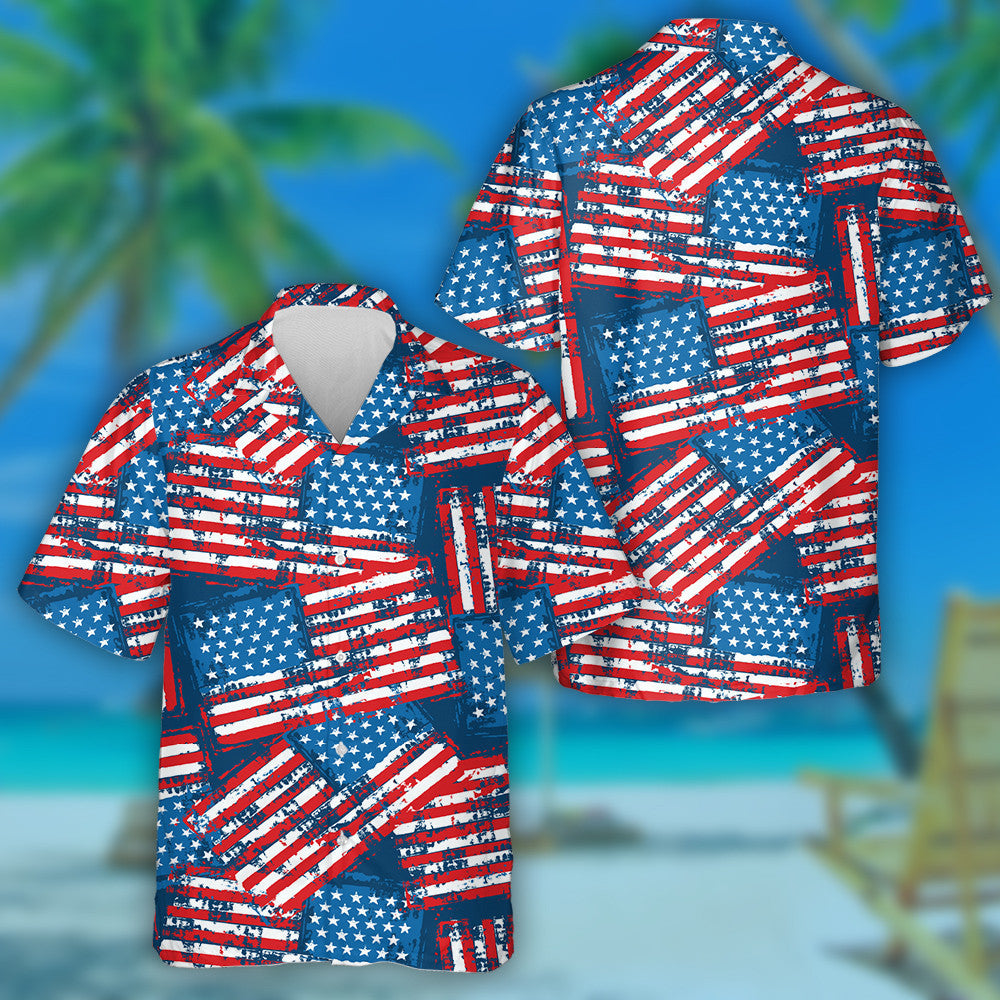 Retro Painted American Flags Navy Background Pattern Hawaiian Shirt, Hawaiian Shirt Gift, Christmas Gift