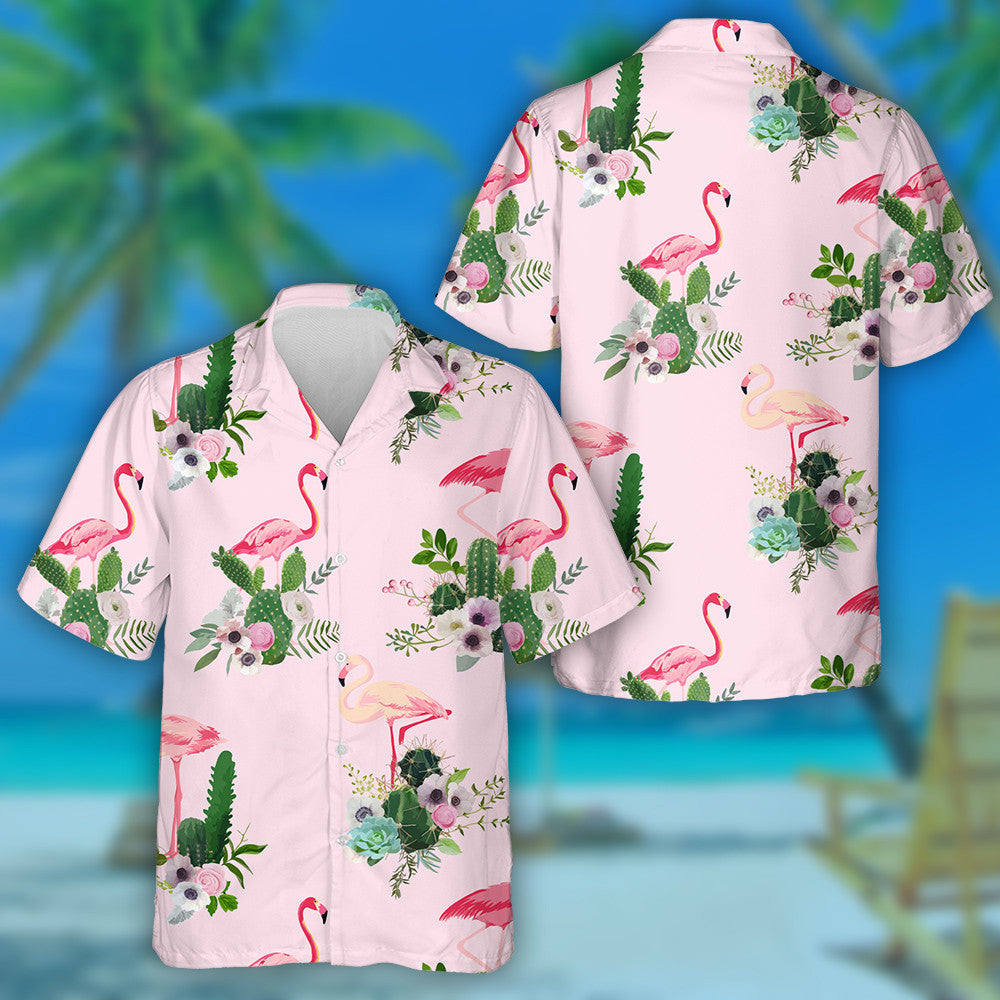 Beautiful Flamingo And Tropical Cactus Flowers Hawaiian Shirt, Hawaiian For Gift