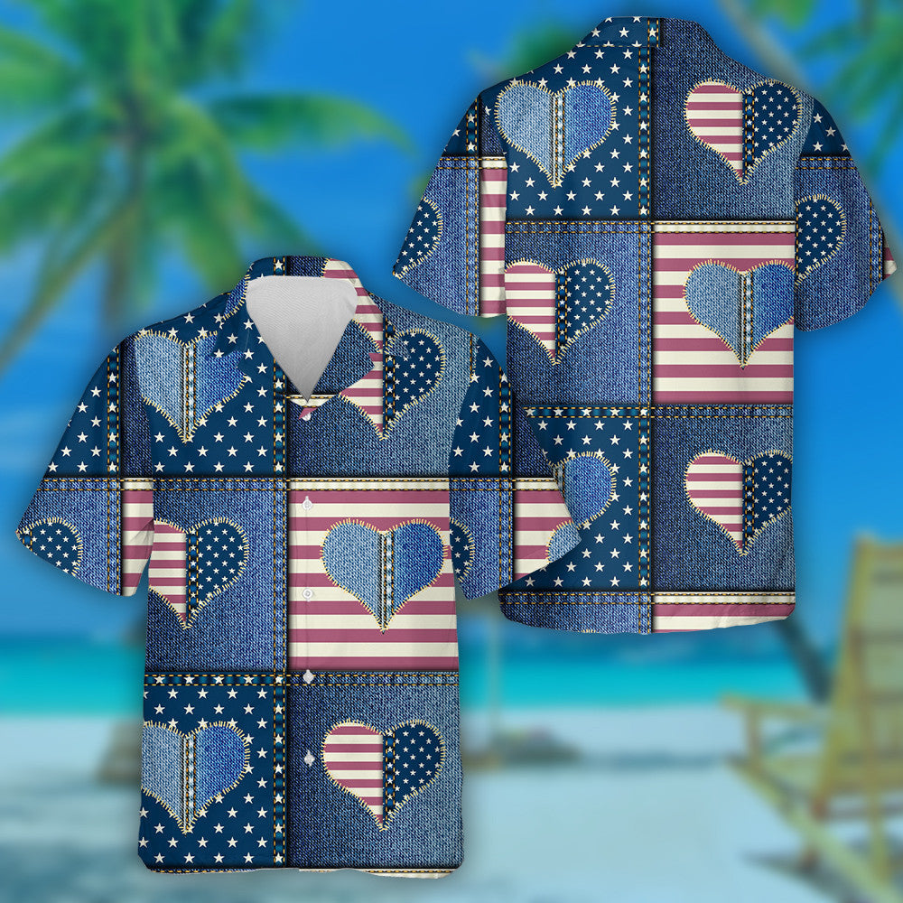 Denim Jean Knitted Patchwork With Heart And American Flag Hawaiian Shirt, Hawaiian Shirt Gift, Christmas Gift