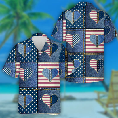 Denim Jean Knitted Patchwork With Heart And American Flag Hawaiian Shirt, Hawaiian Shirt Gift, Christmas Gift