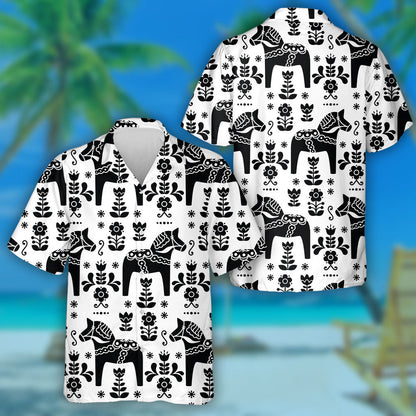 Swedish Folk Art Horse In Black Hawaiian Shirt,Hawaiian Shirt Gift, Christmas Gift