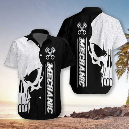 Mechanic Proud Skull Black White Design Hawaiian Shirt,Hawaiian Shirt Gift, Christmas Gift