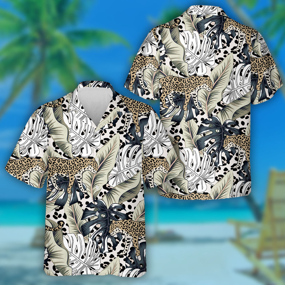 Tropical Leopard And Monstera Palm Leaves Hawaiian Shirt,Hawaiian Shirt Gift, Christmas Gift