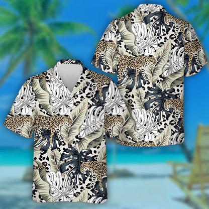 Tropical Leopard And Monstera Palm Leaves Hawaiian Shirt,Hawaiian Shirt Gift, Christmas Gift