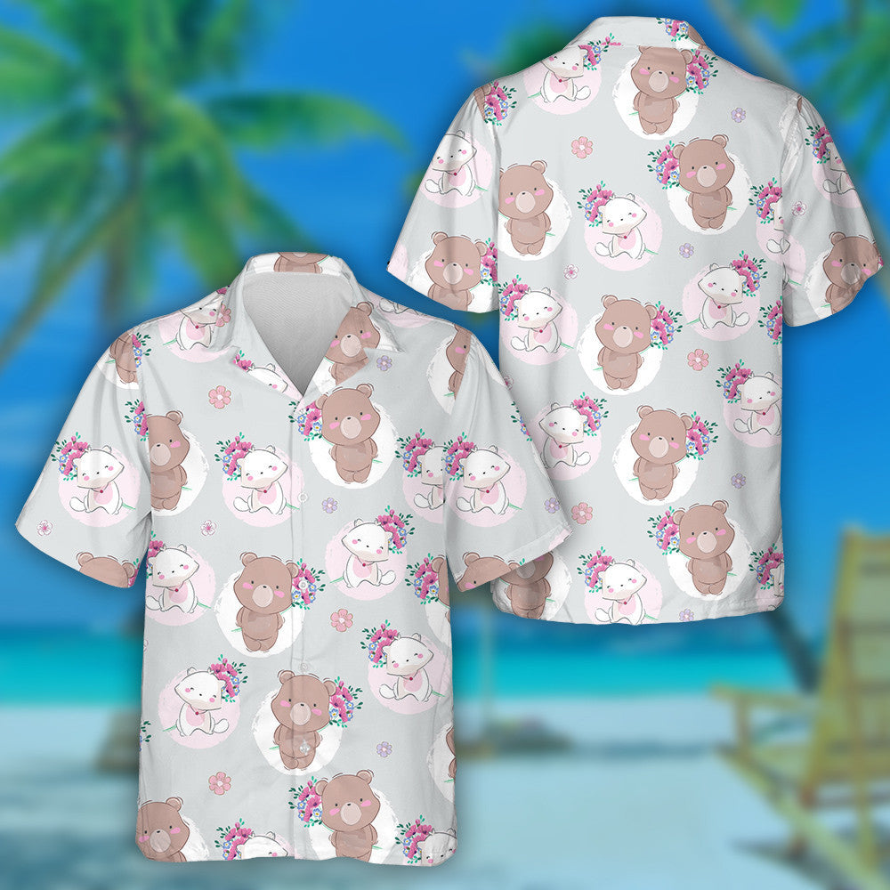 Happy Day For Little Bear And Cat Hawaiian Shirt, Hawaiian Shirt Gift, Christmas Gift