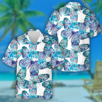Theme Colorful Blue Butterflies Faded Away Hawaiian Shirt, Hawaiian Shirt Gift, Christmas Gift
