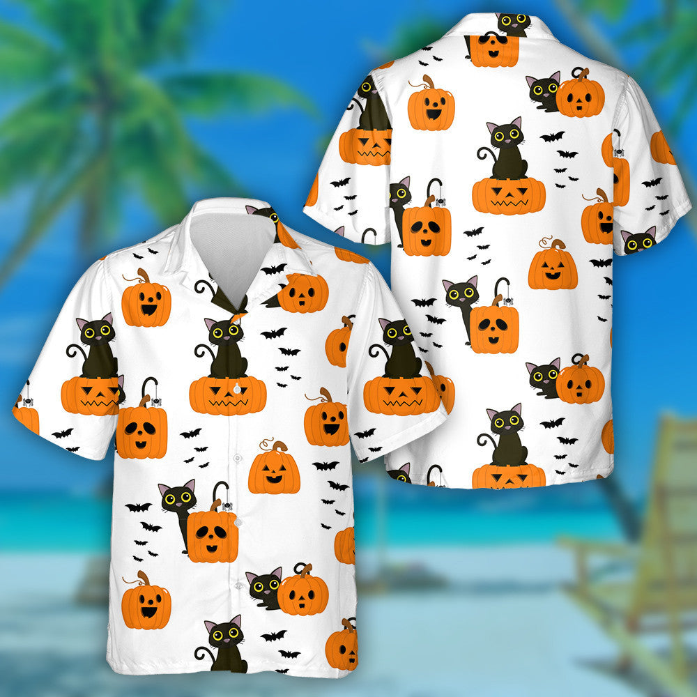 Cute Black Cat Orange Pumpkin And Bat Hawaiian Shirt, Hawaiian Shirt Gift, Christmas Gift