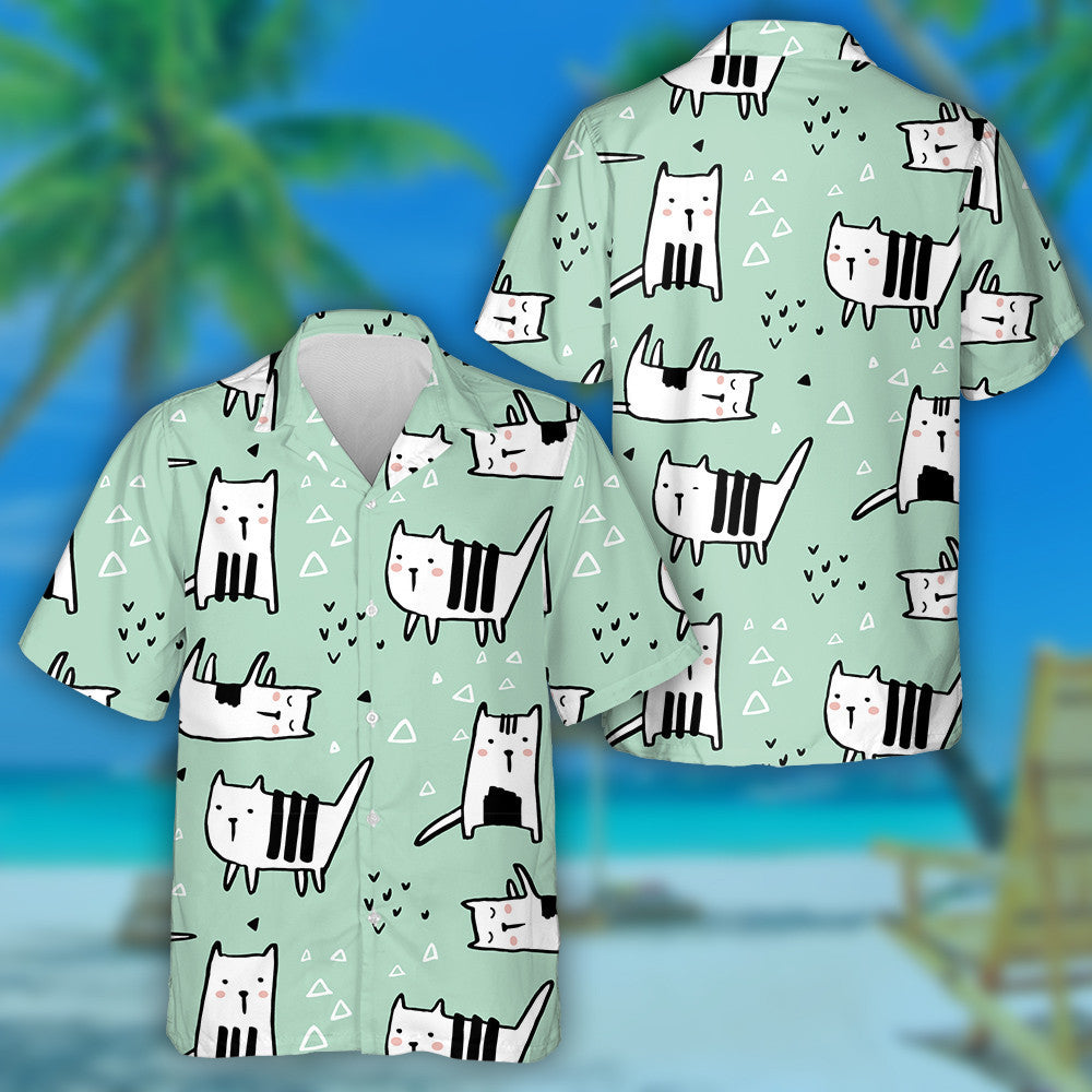 Hand Drawn White Cats In Cartoon Style Hawaiian Shirt, Hawaiian Shirt Gift, Christmas Gift