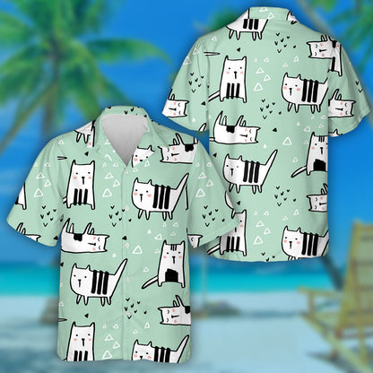 Hand Drawn White Cats In Cartoon Style Hawaiian Shirt, Hawaiian Shirt Gift, Christmas Gift