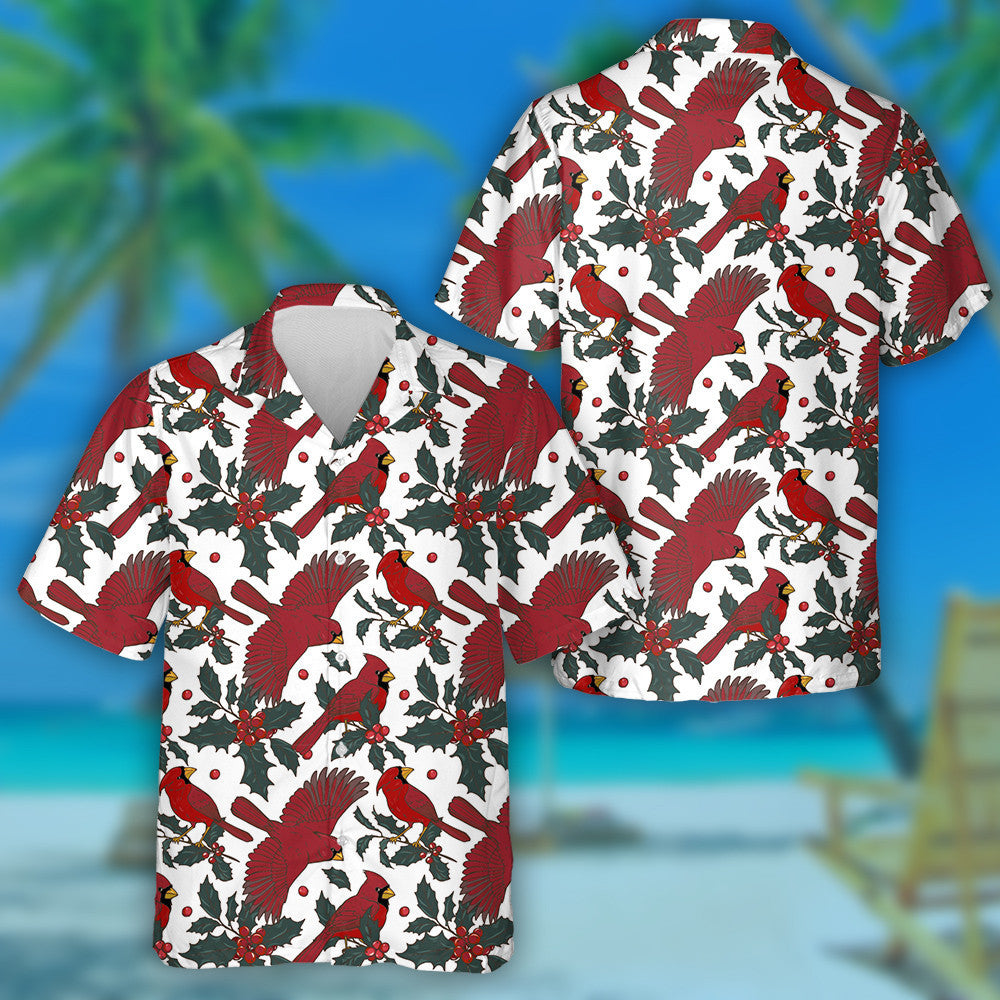 Funny Red Cardinal Bird And Holly Branches Hawaiian Shirt, Hawaiian Shirt Gift, Christmas Gift
