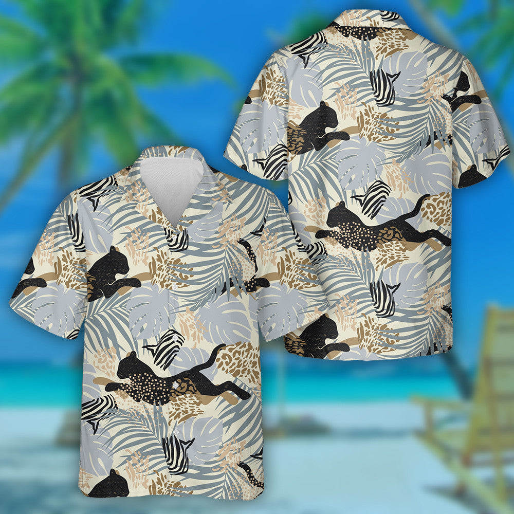 Ainmhithe Fiáine Liopard Dubh Le Duilleoga Trópaiceacha Léine Haváís, Bronntanas Léine Haváís, Bronntanas Nollag