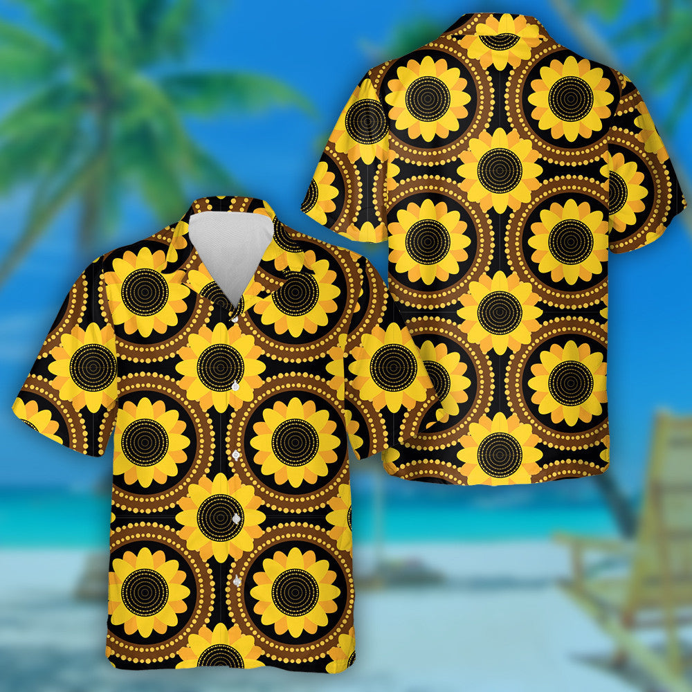 Ethnic Brown Circle Frame With Sunflower Pattern Hawaiian Shirt, Hawaiian Shirt Gift, Christmas Gift