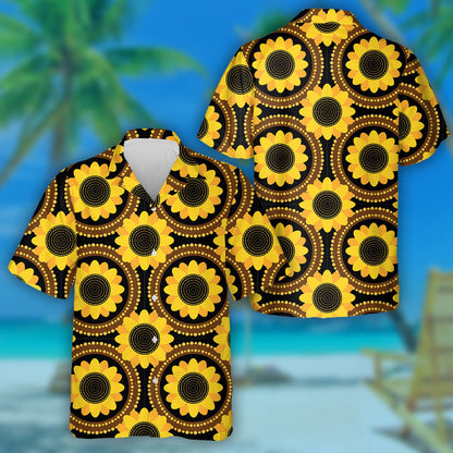 Ethnic Brown Circle Frame With Sunflower Pattern Hawaiian Shirt, Hawaiian Shirt Gift, Christmas Gift
