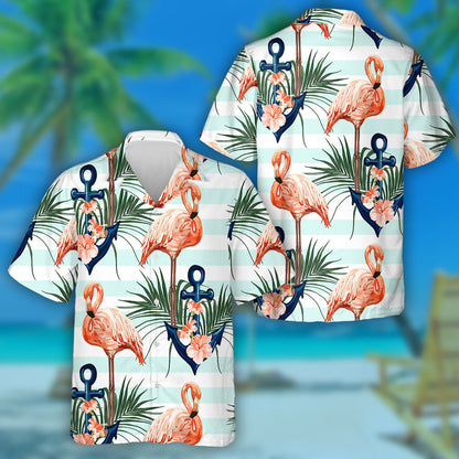 Flamingo Álainn Le Ancaire Gorm Agus Duilleoga Pailme Léine Haváís, Bronntanas Léine Haváís, Bronntanas Nollag