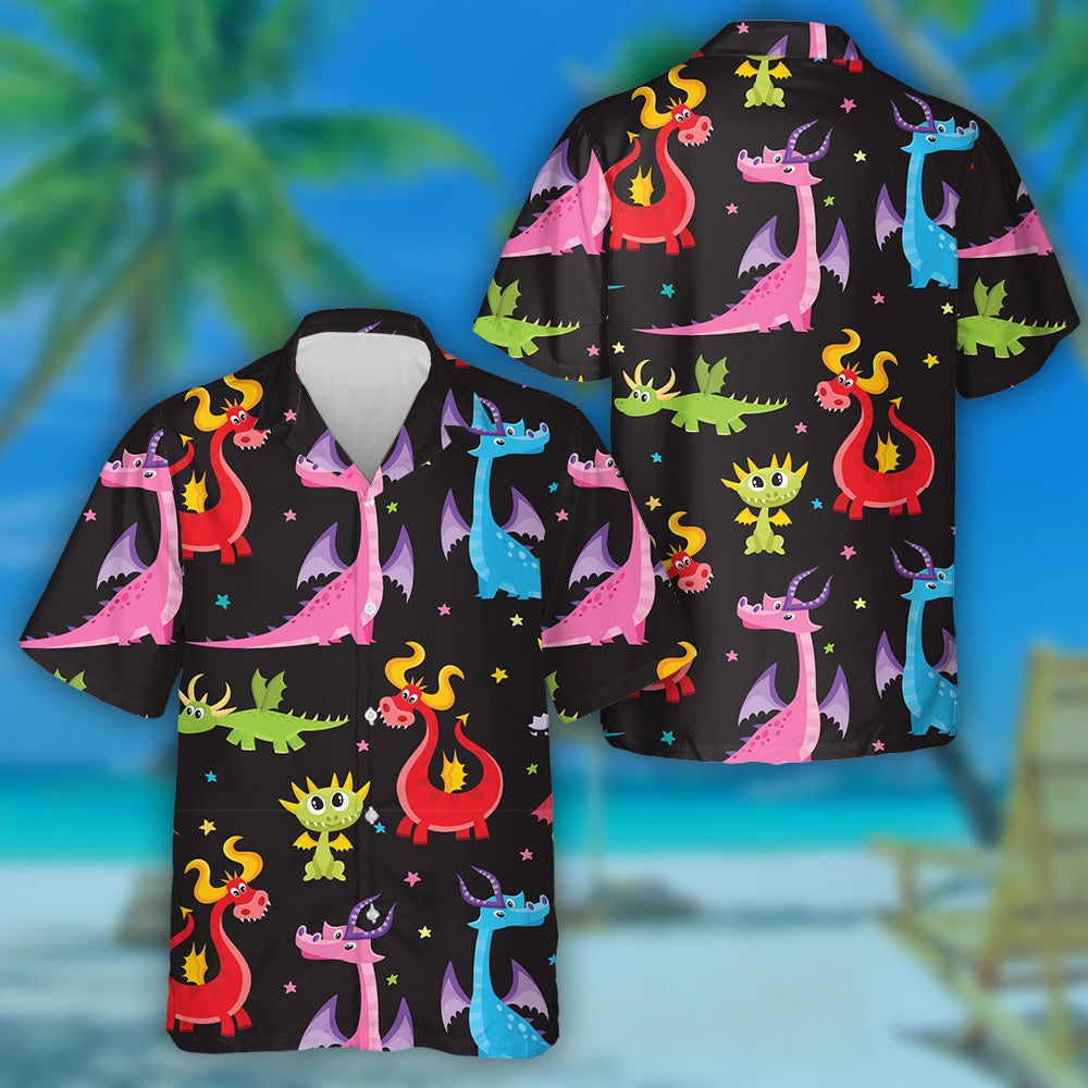 Funny Cartoon Dragon Characters On Black Background Hawaiian Shirt, Hawaiian Shirt Gift, Christmas Gift