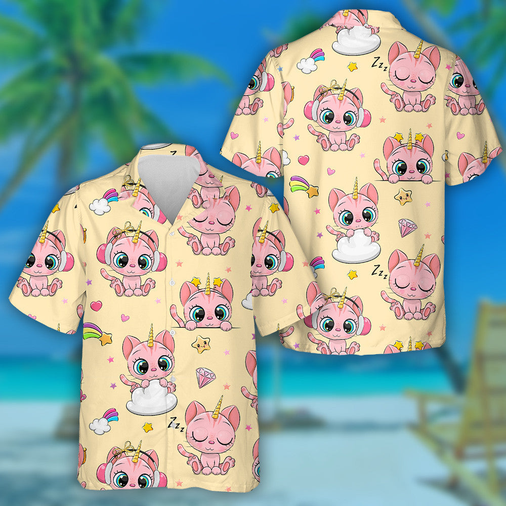 Cute Cartoon Kitty Cat Unicorn On Yellow Hawaiian Shirt, Hawaiian Shirt Gift, Christmas Gift