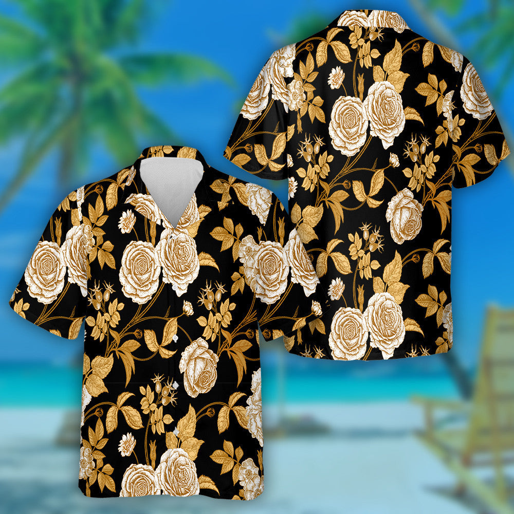 Bláthanna Óir Rósanna Agus Brainsí Duilleoga Ar Léine Haváí ar Dhearadh Dubh, Bronntanas Léine Haváís, Bronntanas Nollag