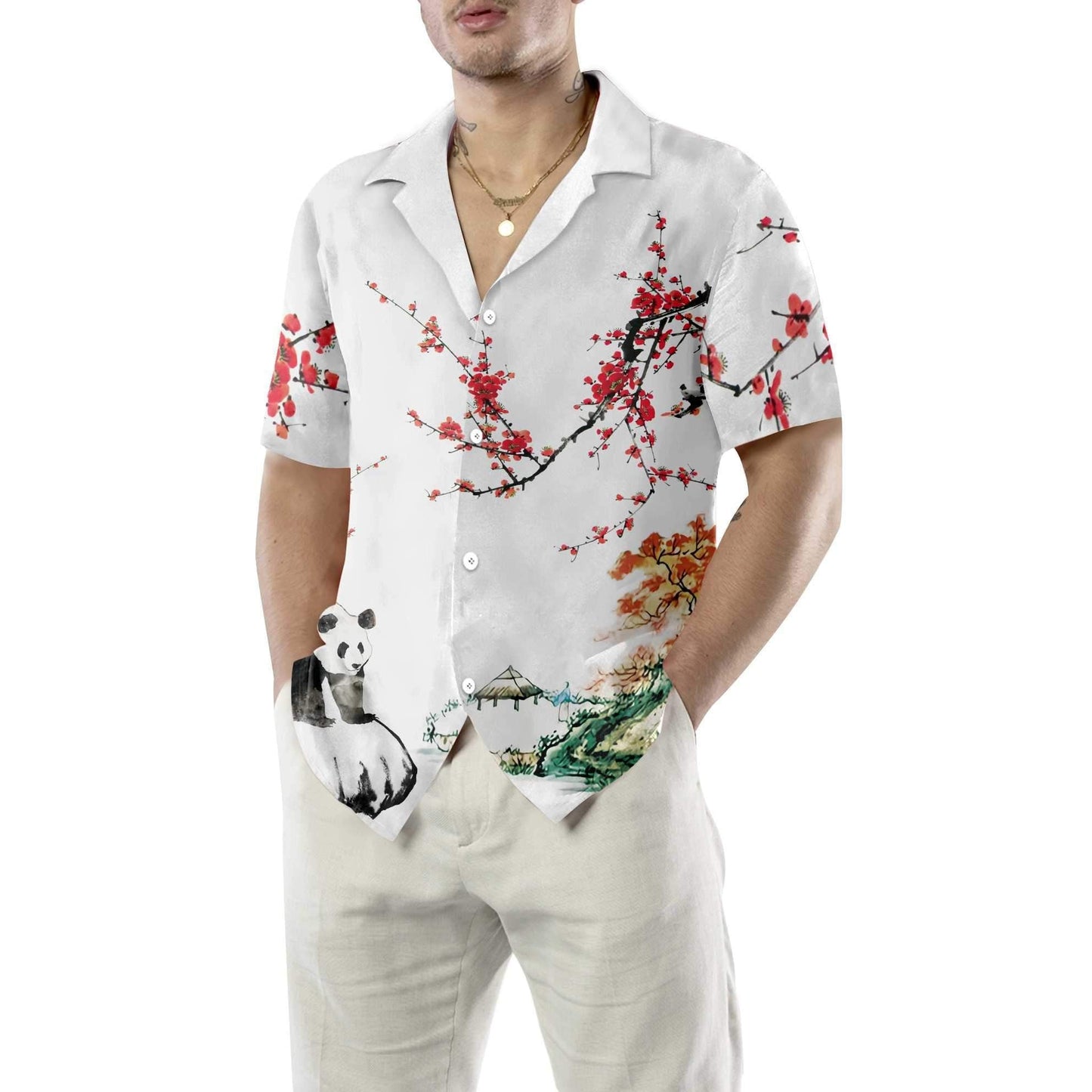 Nice Panda With Plum Blossom Design Hawaiian Shirt,Hawaiian Shirt Gift, Christmas Gift