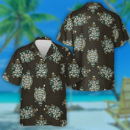 Hand Painted Tribal Styled Tortoises Turtles Hawaiian Shirt, Hawaiian Shirt Gift, Christmas Gift