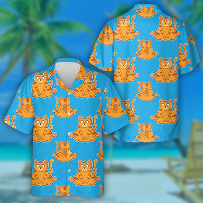 Fat Ginger Cat On Blue Background Hawaiian Shirt,Hawaiian Shirt Gift, Christmas Gift