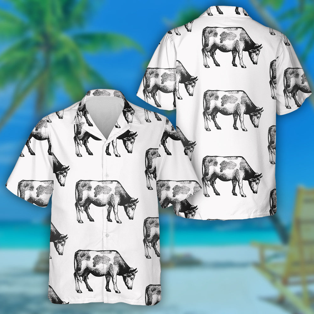 Cow Silhouette Retro Farm Animals Background Hawaiian Shirt, Hawaiian Shirt Gift, Christmas Gift