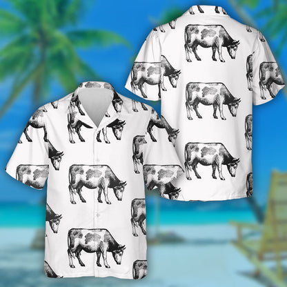Cow Silhouette Retro Farm Animals Background Hawaiian Shirt, Hawaiian Shirt Gift, Christmas Gift