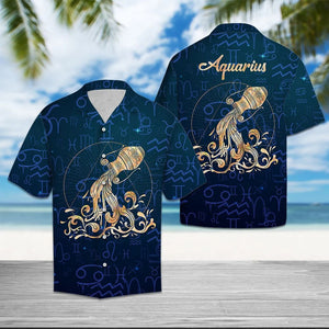 Amazing Aquarius Zodiac Symbol On Blue Pattern Hawaiian Shirt, Hawaiian Shirt Gift, Christmas Gift