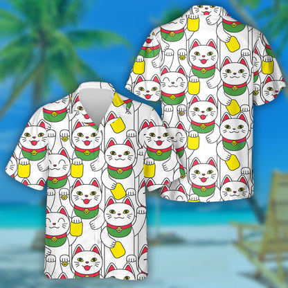 Lucky Asian Smiling Cat Maneki Neko Hawaiian Shirt, Hawaiian Shirt Gift, Christmas Gift