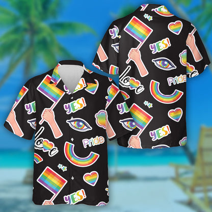 LGBT Symbols Stickers Style On Black Background Hawaiian Shirt, Christmas Gift