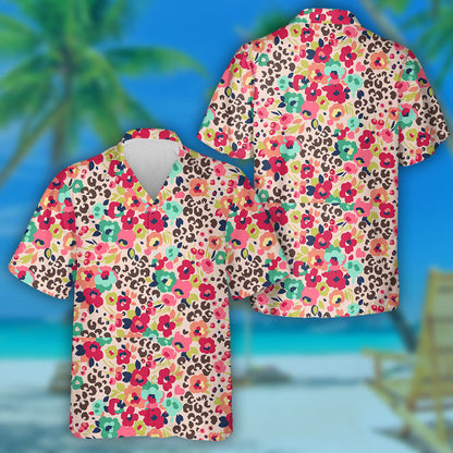 Combination Of Cute Flowers And Leopard Hawaiian Shirt,Hawaiian Shirt Gift, Christmas Gift