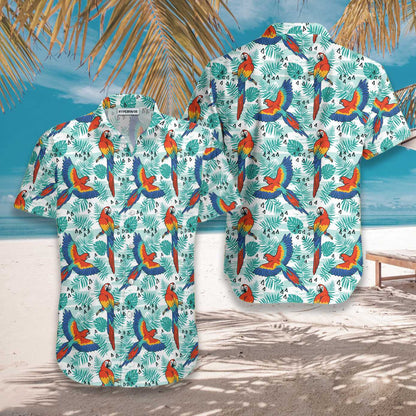 Watercolor Parrot And Palm Leaves Design Hawaiian Shirt, Hwaiian For Gift