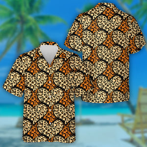 Wild African Leopard And Hearts On Orange Background Hawaiian Shirt, Hawaiian Shirt Gift, Christmas Gift