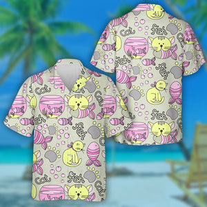 Yellow Cat And Fish With Paw On Grey Hawaiian Shirt, Hawaiian Shirt Gift, Christmas Gift