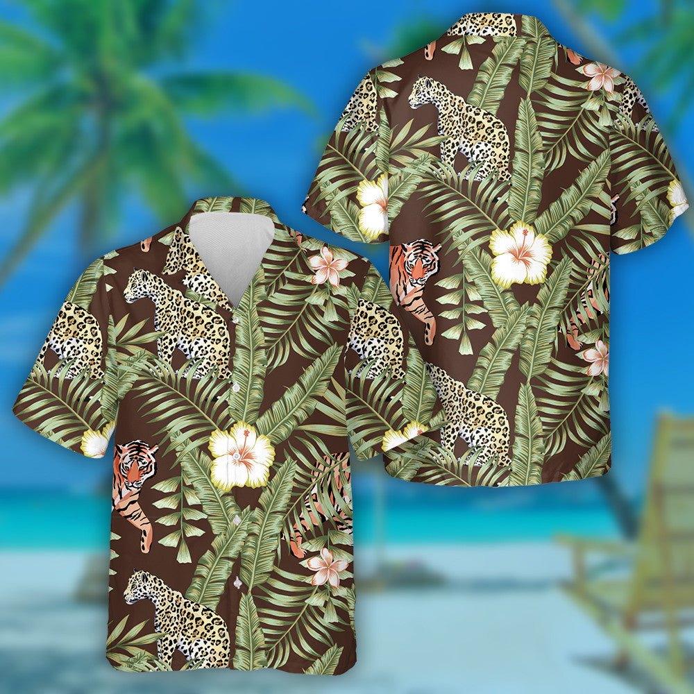 Beautiful Tropical Hibiscus Flowers Leopard And Tiger Hawaiian Shirt, Hawaiian Shirt Gift, Christmas Gift