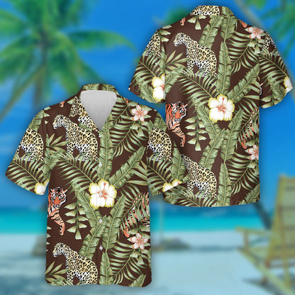 Beautiful Tropical Hibiscus Flowers Leopard And Tiger Hawaiian Shirt, Hawaiian Shirt Gift, Christmas Gift