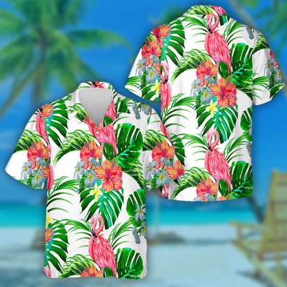 Flamingo Álainn le Duilleoga Coimhthíocha Bláthacha Agus Trópaiceacha Léine Haváís, Bronntanas Léine Haváís, Bronntanas Nollag