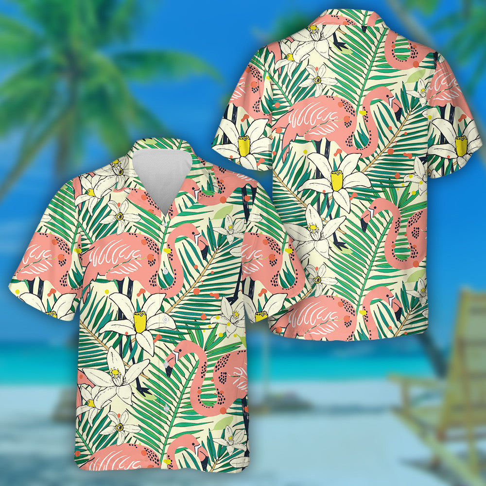 Beautiful Flamingo With Flowers And Palm Leaves Hawaiian Shirt, Hawaiian Shirt Gift, Christmas Gift