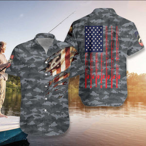 Grey Camo Fishing American Flag Hawaiian Shirt,Hawaiian Shirt Gift, Christmas Gift