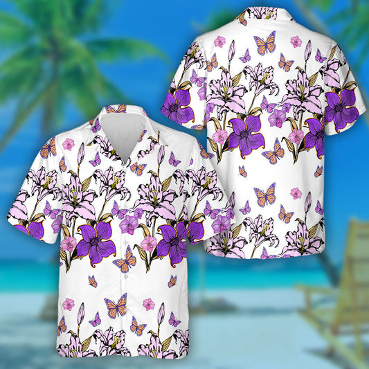Hand Drawn Fantastic Flowers And Butterflies Hawaiian Shirt, Hawaiian For Gift