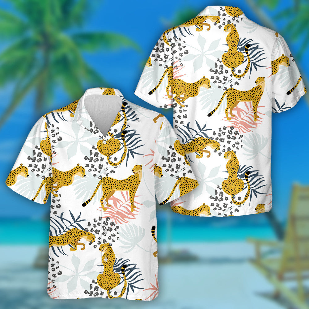 Cheetahs With Palm Leaves And Dots Of Leopard Hawaiian Shirt, Hawaiian Shirt Gift, Christmas Gift