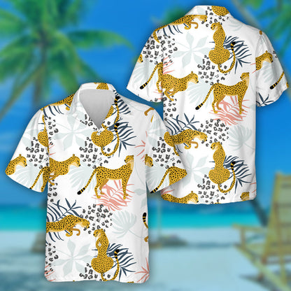 Cheetahs With Palm Leaves And Dots Of Leopard Hawaiian Shirt, Hawaiian Shirt Gift, Christmas Gift