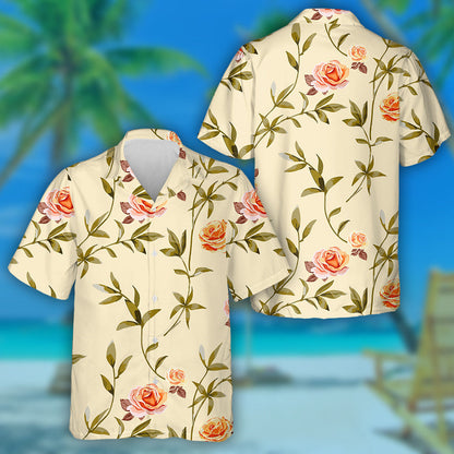 Cúlra Bláthanna Trendy Le Bláthanna Rósanna Oráiste Buí Léine Haváís, Bronntanas Léine Haváís, Bronntanas Nollag