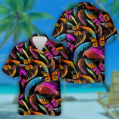 Spring Theme Multicolored Palm Leaves With Butterflies Hawaiian Shirt, Hawaiian Shirt Gift, Christmas Gift