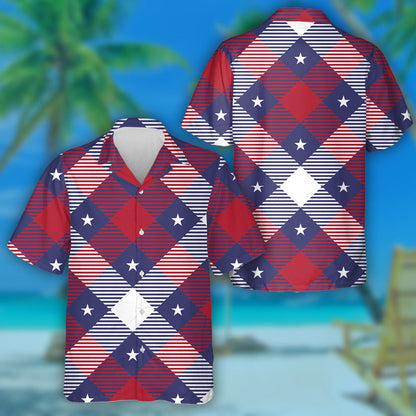 Modern Patriotic USA Star Tartan Pattern Hawaiian Shirt, Hawaiian Shirt Gift, Christmas Gift