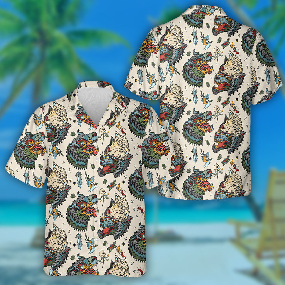 Wolf Head Old School Tattoo Art Hawaiian Shirt,Hawaiian Shirt Gift, Christmas Gift