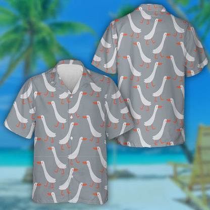 Hand Drawn Funny Ducks On Gray Hawaiian Shirt, Hawaiian For Gift