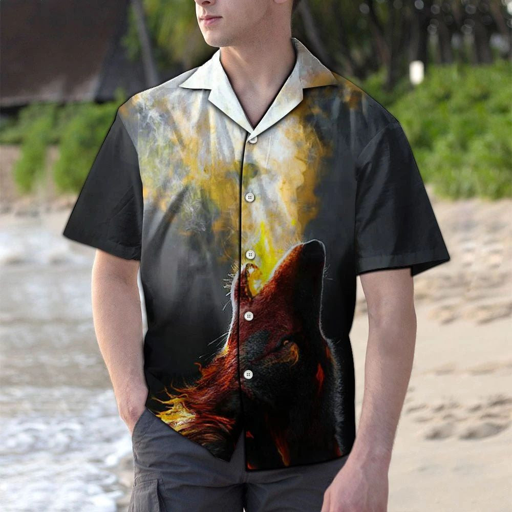 Howling Wolf In Dark Night Design Hawaiian Shirt, Hawaiian For Gift