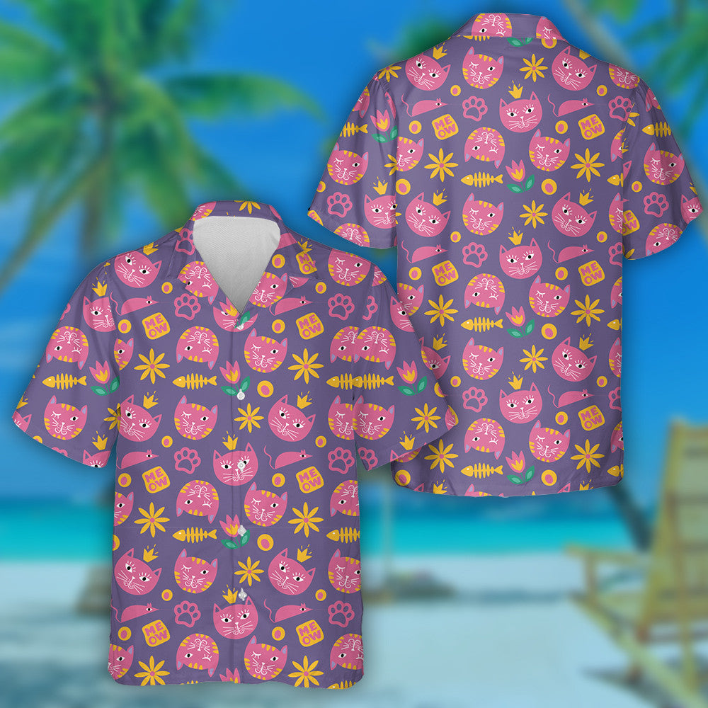Funny Cat Pink Faces On Violet Background Hawaiian Shirt, Hawaiian Shirt Gift, Christmas Gift