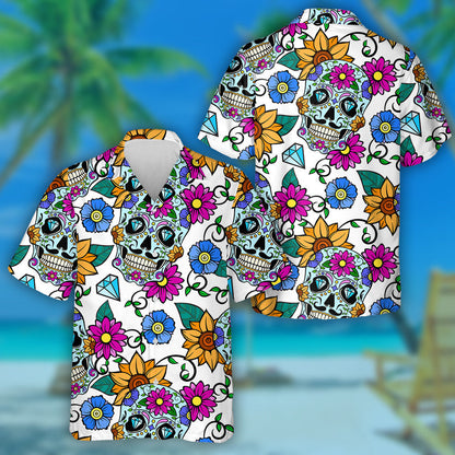 Bright Background With Sugar Skulls Sunflowers And Diamonds Hawaiian Shirt, Hawaiian Shirt Gift, Christmas Gift