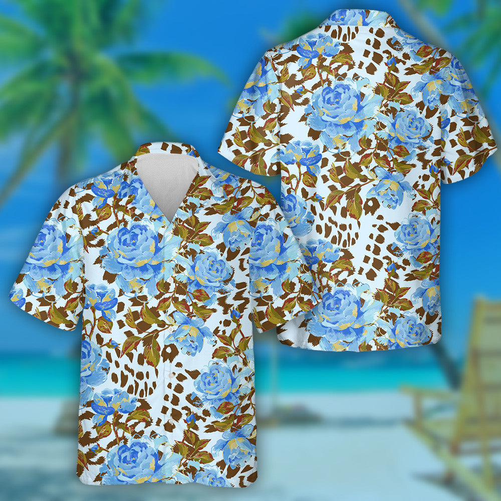 Large Roses And Leaves On Leopard Background Hawaiian Shirt, Hawaiian Shirt Gift, Christmas Gift